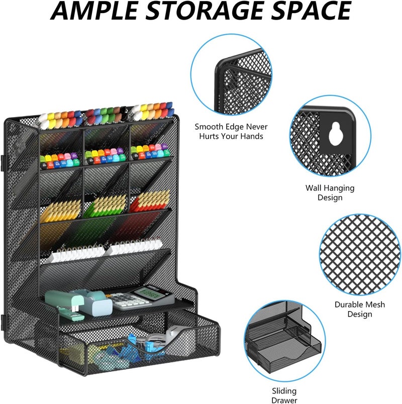 BOHDK Pen Organizer for Desk, Multi-Functional Desk Organizer, Wall Mount Pen Holder with Drawer for School, Office, Home, Art Supplies, Black - Image 2